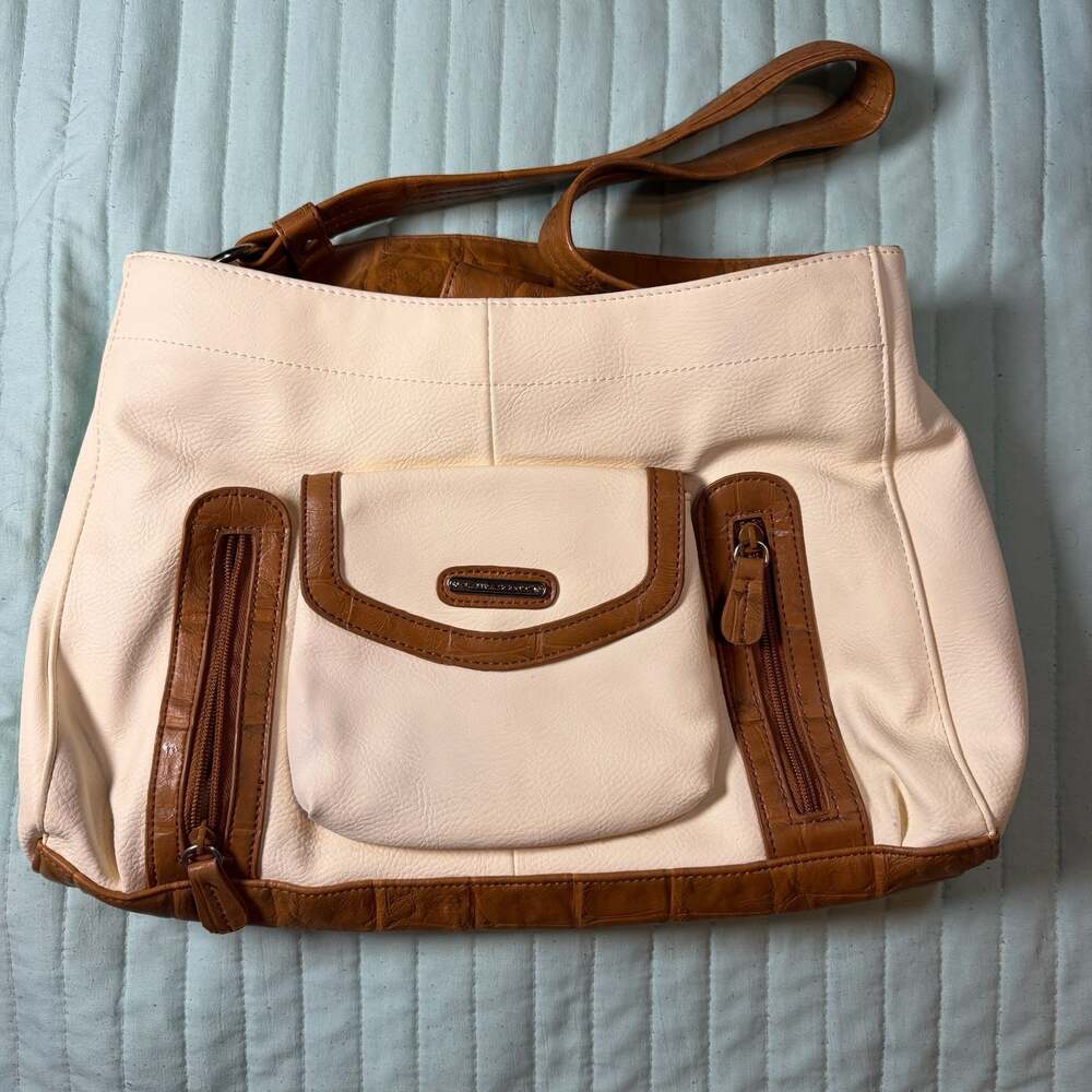 Laura Scott Cream and Brown Faux Leather Shoulder Bag